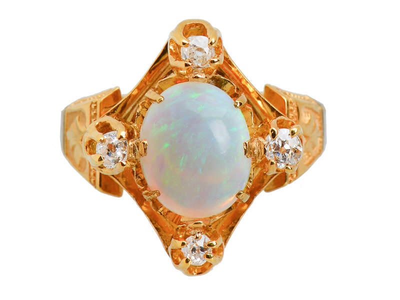 Victorian Antique Opal Four Diamond Ring
