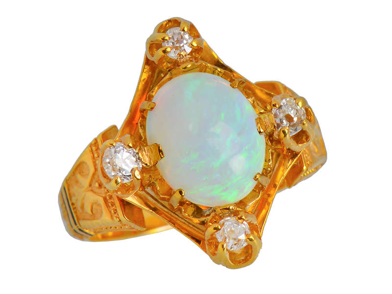 Victorian Antique Opal Four Diamond Ring