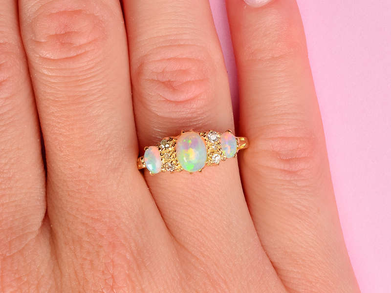 Antique Three Opal Diamond Ring in 18k