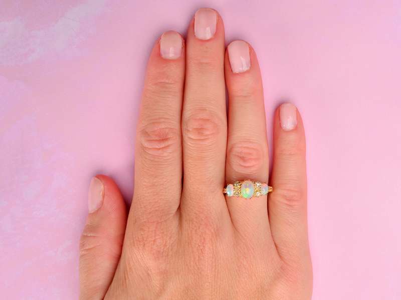 Antique Three Opal Diamond Ring in 18k