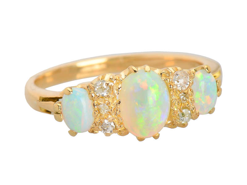 Antique Three Opal Diamond Ring in 18k
