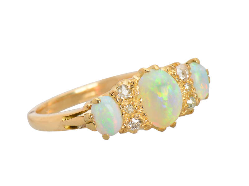 Antique Three Opal Diamond Ring in 18k