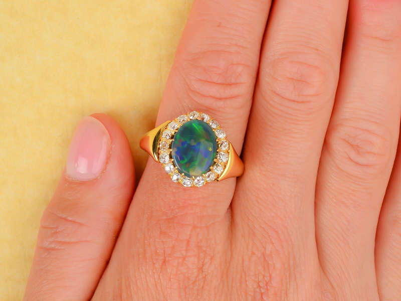 Antique Fine Australian Black Opal 18k Gold Ring