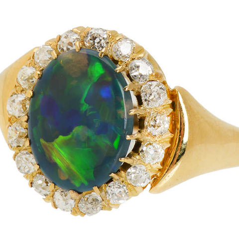 Antique Fine Australian Black Opal 18k Gold Ring