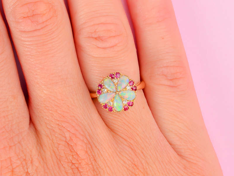Edwardian Opal Ruby Diamond Ring