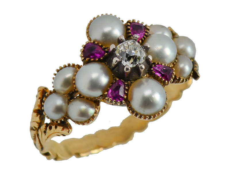 Georgian Ruby Natural Pearl Diamond Locket Ring