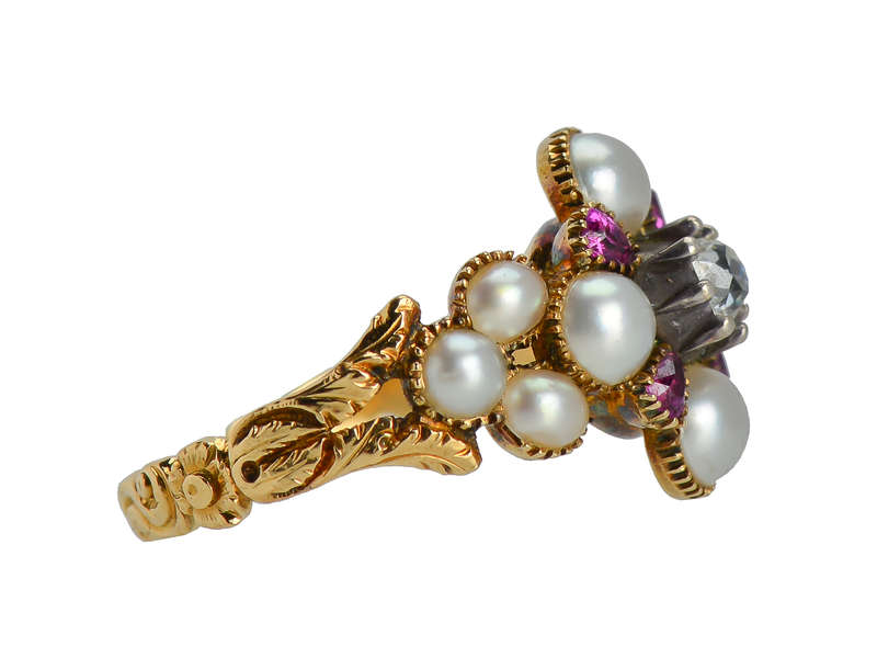 Georgian Ruby Natural Pearl Diamond Locket Ring
