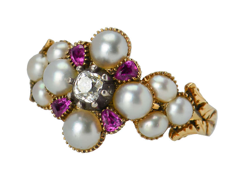 Georgian Ruby Natural Pearl Diamond Locket Ring