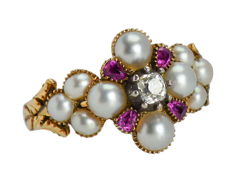 Georgian Ruby Natural Pearl Diamond Locket Ring