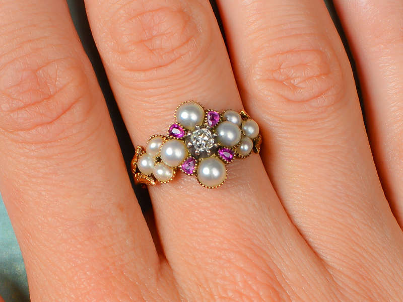 Georgian Ruby Natural Pearl Diamond Locket Ring