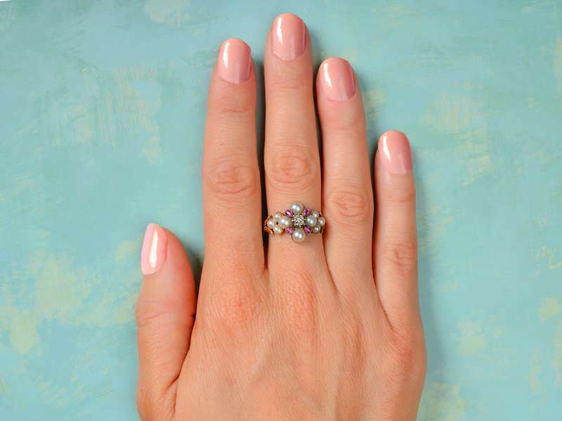 Georgian Ruby Natural Pearl Diamond Locket Ring
