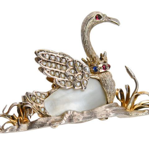 Swan Lake - Antique Bird Brooch with Crown