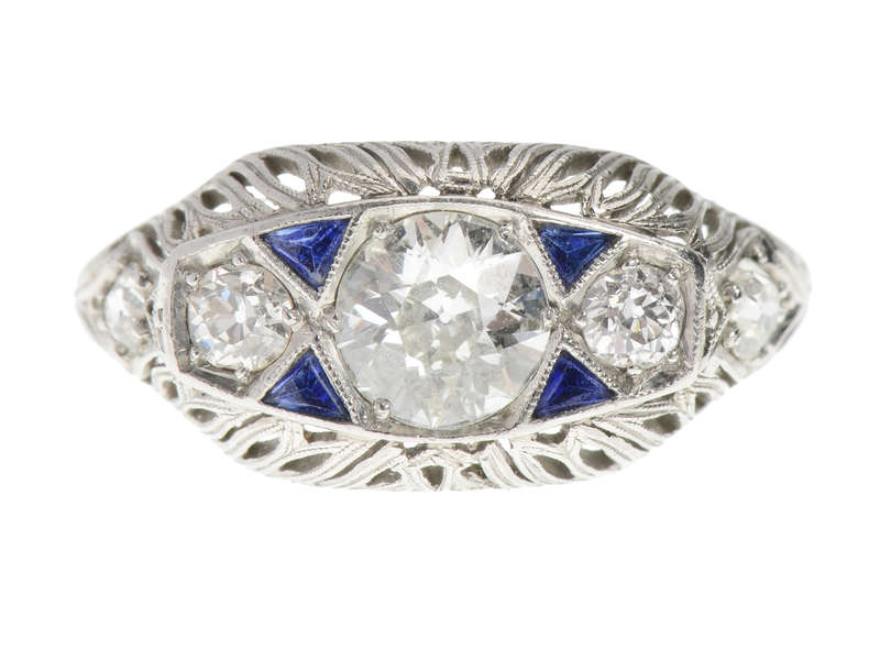 Fine Three Diamond Platinum Art Deco Trilogy Ring