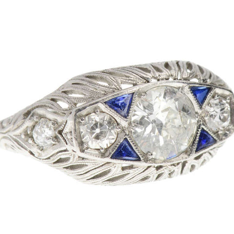 Fine Three Diamond Platinum Art Deco Trilogy Ring
