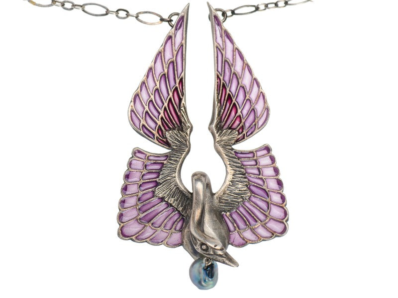 Art Nouveau Plique à Jour Swan Necklace by Wolfers