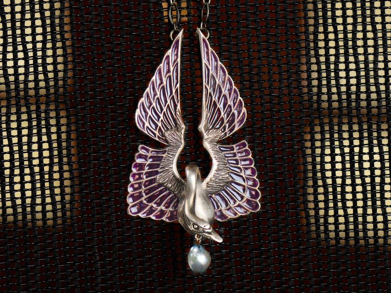 Art Nouveau Plique à Jour Swan Necklace by Wolfers