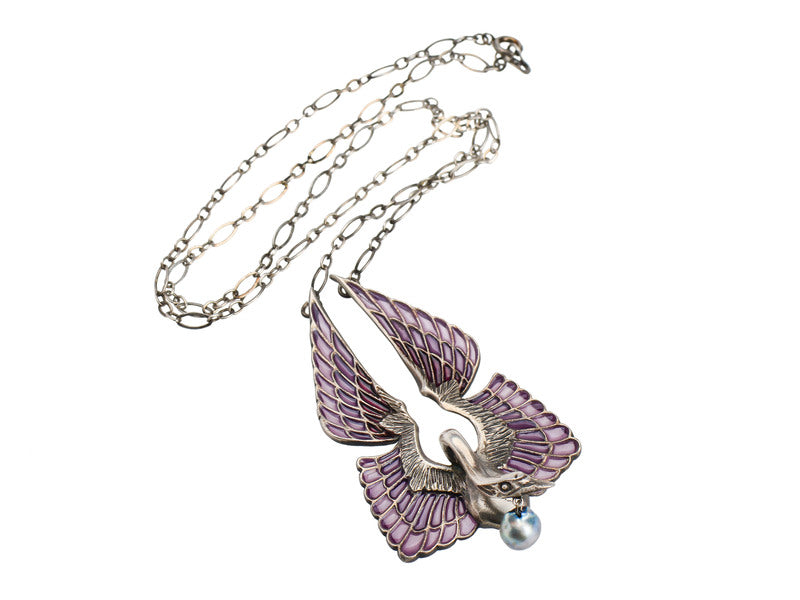 Art Nouveau Plique à Jour Swan Necklace by Wolfers