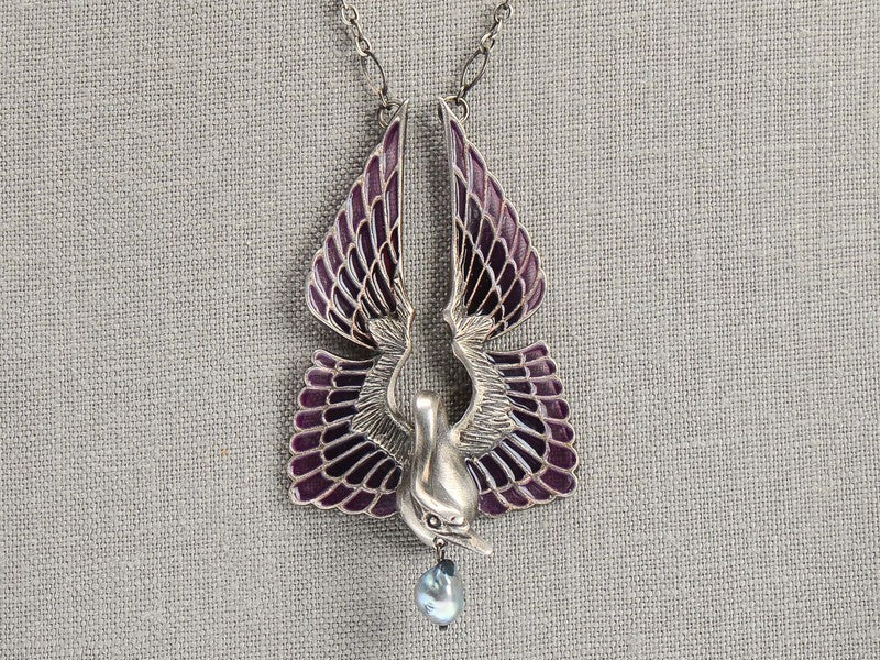 Art Nouveau Plique à Jour Swan Necklace by Wolfers