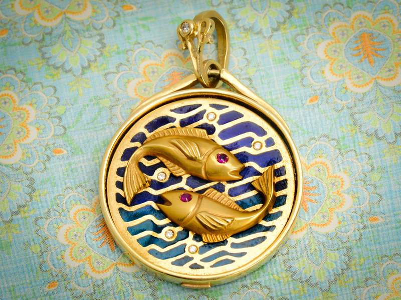 Plique a Jour Enamel Zodiac Pisces Pendant