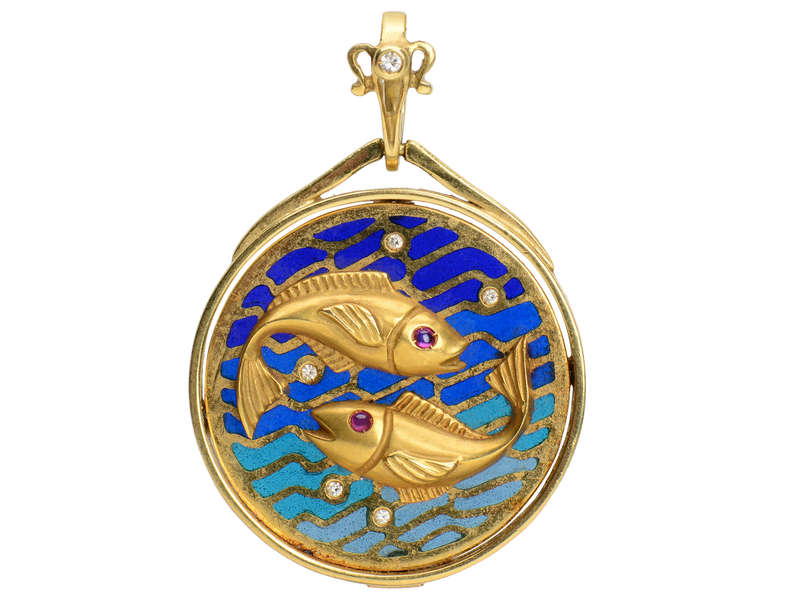 Plique a Jour Enamel Zodiac Pisces Pendant