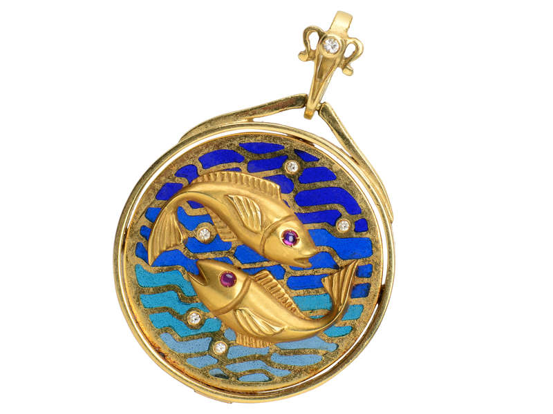 Plique a Jour Enamel Zodiac Pisces Pendant