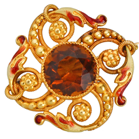 Riker Brothers Enamel & Madeira Citrine Brooch