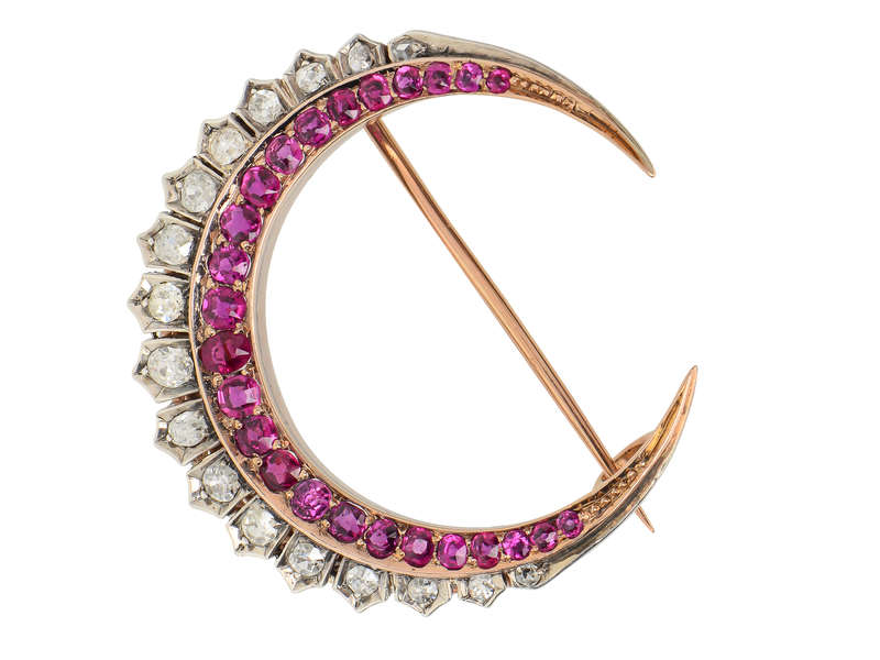 Victorian Ruby Diamond Crescent Moon Brooch