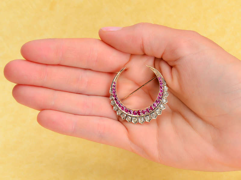 Victorian Ruby Diamond Crescent Moon Brooch