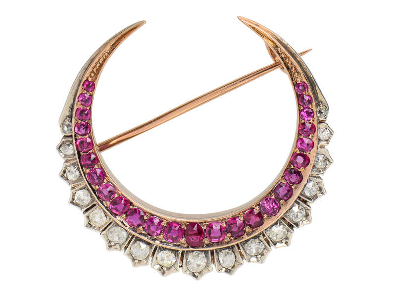 Victorian Ruby Diamond Crescent Moon Brooch