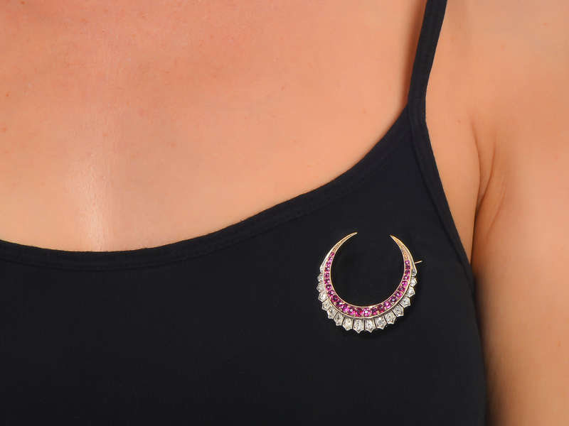 Victorian Ruby Diamond Crescent Moon Brooch