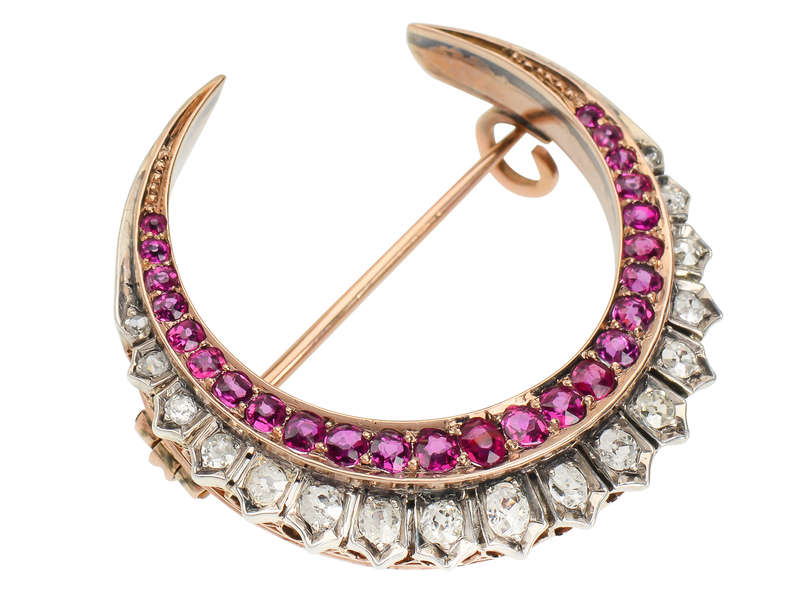 Victorian Ruby Diamond Crescent Moon Brooch