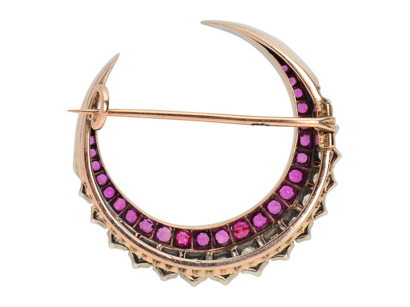 Victorian Ruby Diamond Crescent Moon Brooch