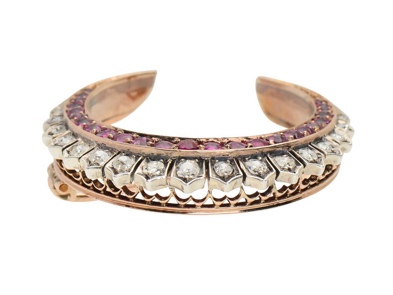 Victorian Ruby Diamond Crescent Moon Brooch