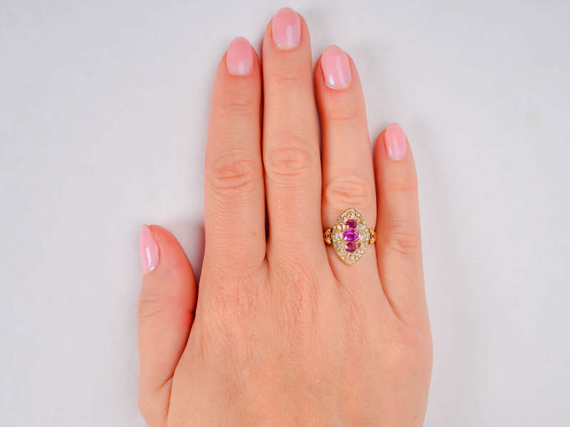 Victorian Natural Burmese Ruby Diamond Navette Ring