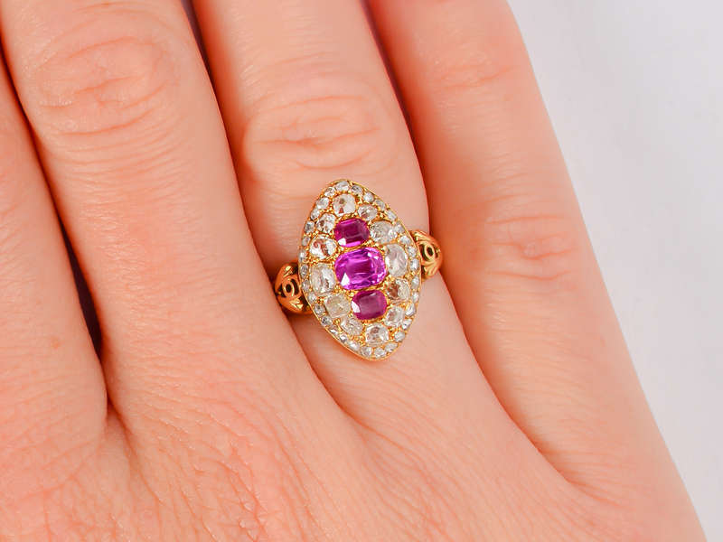Victorian Natural Burmese Ruby Diamond Navette Ring