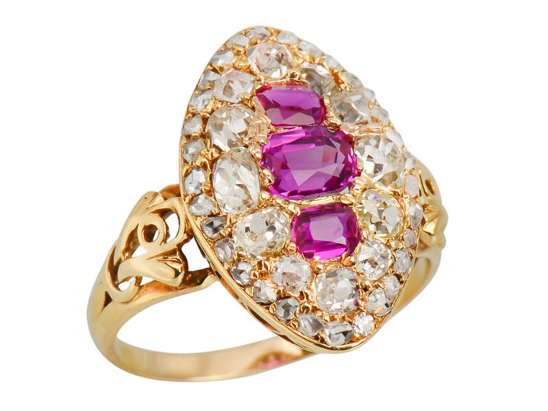 Victorian Natural Burmese Ruby Diamond Navette Ring