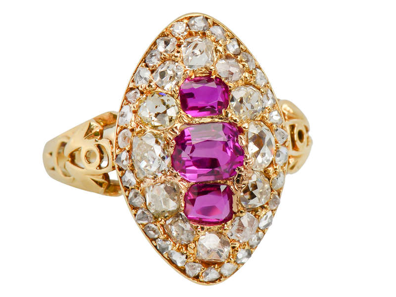 Victorian Natural Burmese Ruby Diamond Navette Ring