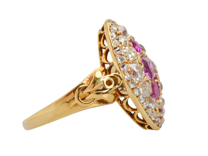 Victorian Natural Burmese Ruby Diamond Navette Ring