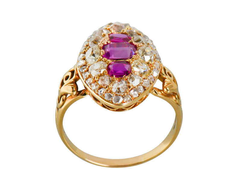 Victorian Natural Burmese Ruby Diamond Navette Ring