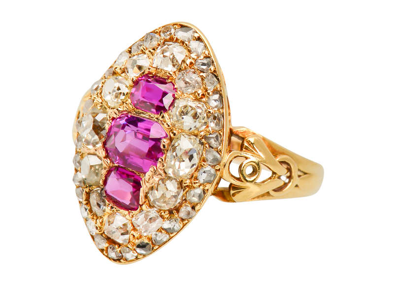 Victorian Natural Burmese Ruby Diamond Navette Ring