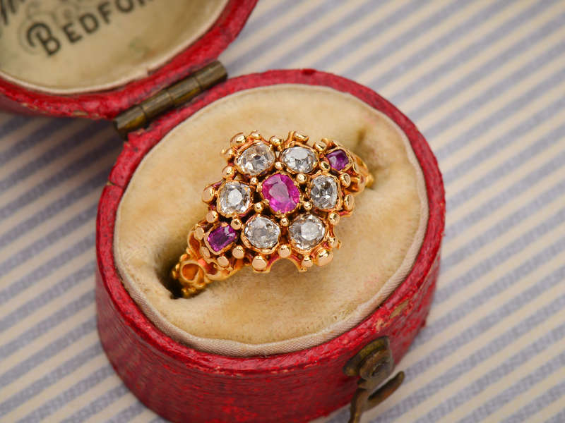 Victorian Diamond Ruby Cluster Ring