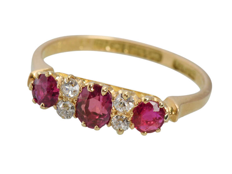 Ruby Diamond Duo - Antique 18k Gold Trilogy Ring of 1911