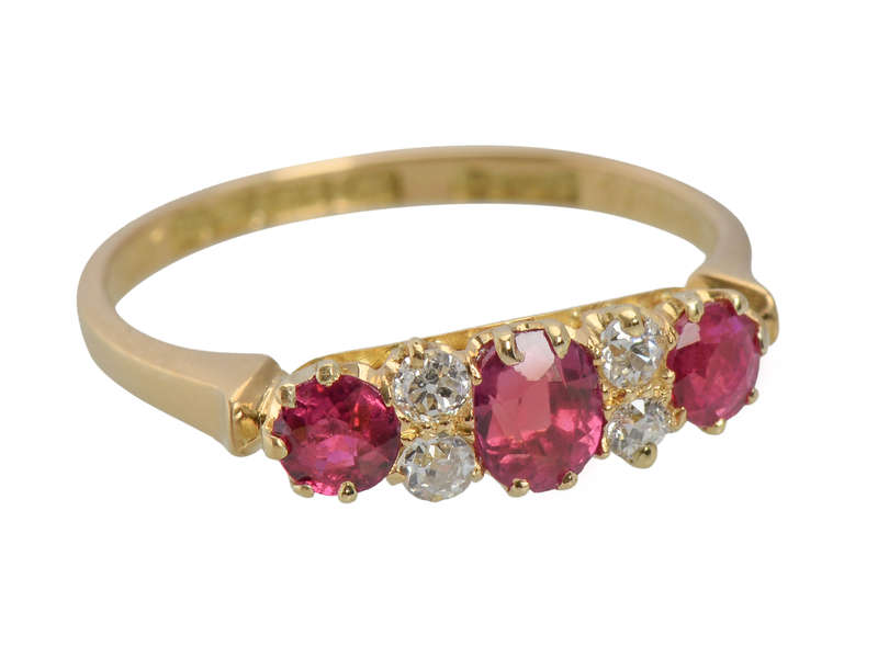 Ruby Diamond Duo - Antique 18k Gold Trilogy Ring of 1911