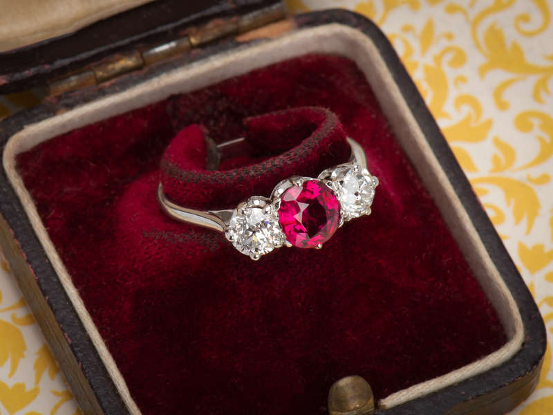 Ruby Diamond Platinum Three Stone Ring