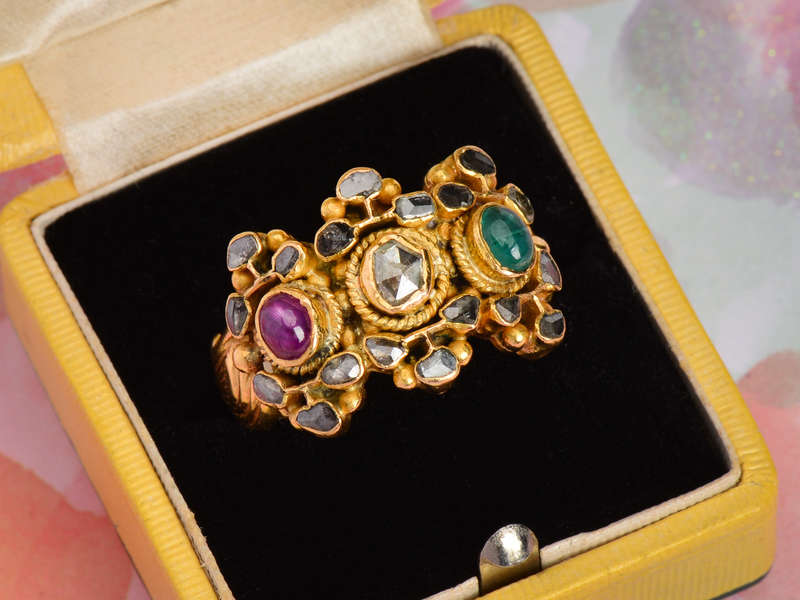 Ruby Emerald Rose Cut Diamond Ring
