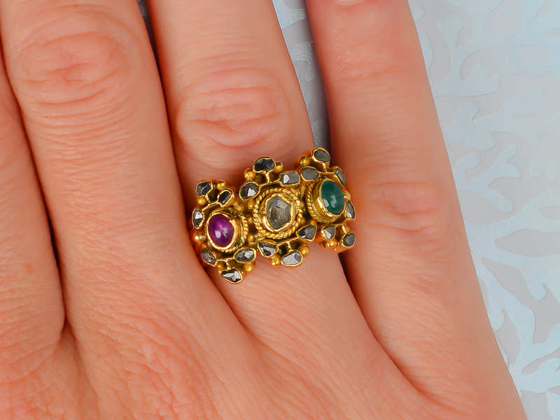 Ruby Emerald Rose Cut Diamond Ring