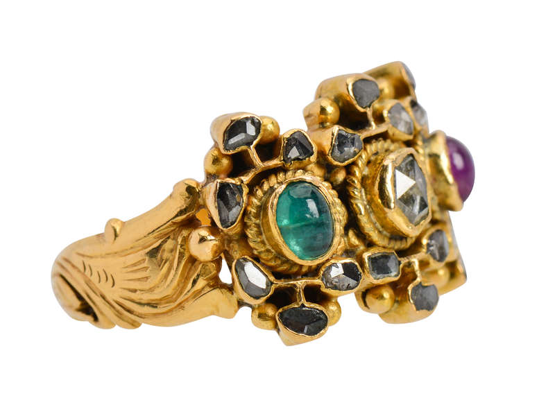 Ruby Emerald Rose Cut Diamond Ring