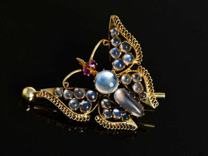 Antique Blue Moonstone Butterfly Brooch