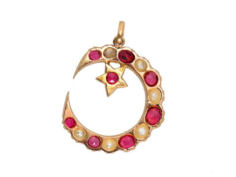 Edwardian Crescent Moon Star Ruby Pendant