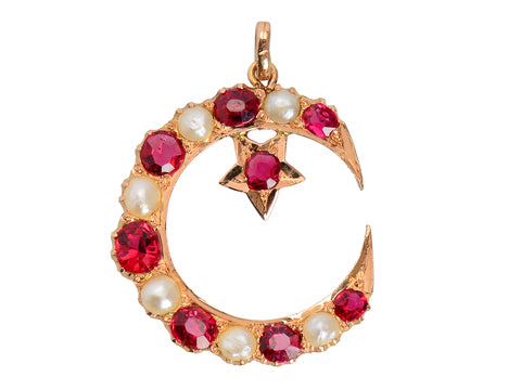 Edwardian Crescent Moon Star Ruby Pendant